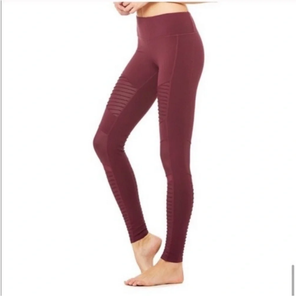 ALO Yoga Moto Legging High Rise Burgundy Pleated Mesh Full Length